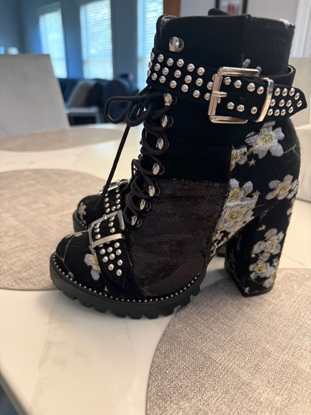 Studded Lace-Up Floral Block Heel Boots - Black from Italy 🇮🇹